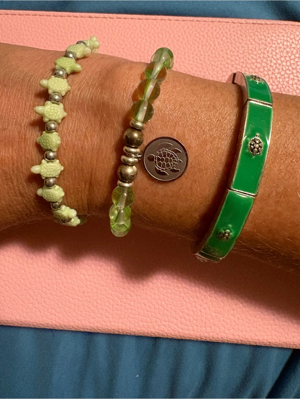 Turtle Mania! 3 stretch bracelets with turtle designs and charms.